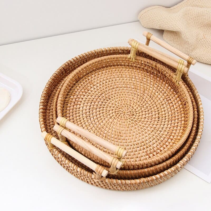 Bandeja Decorativa Redonda de Vime em Rattan Feita a Mão Casa & Coza
