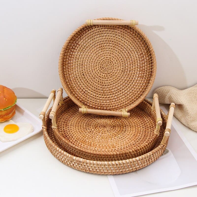 Bandeja Decorativa Redonda de Vime em Rattan Feita a Mão Casa & Coza