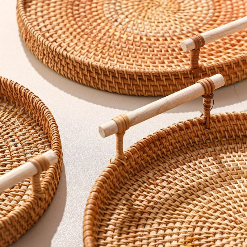 Bandeja Decorativa Redonda de Vime em Rattan Feita a Mão Casa & Coza