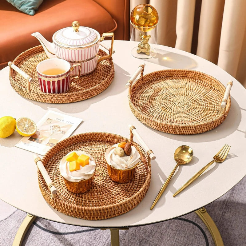 Bandeja Decorativa Redonda de Vime em Rattan Feita a Mão Casa & Coza