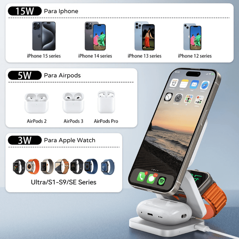 Carregador Iphone Indução Suporte Apple Watch Airpods Casa & Coza