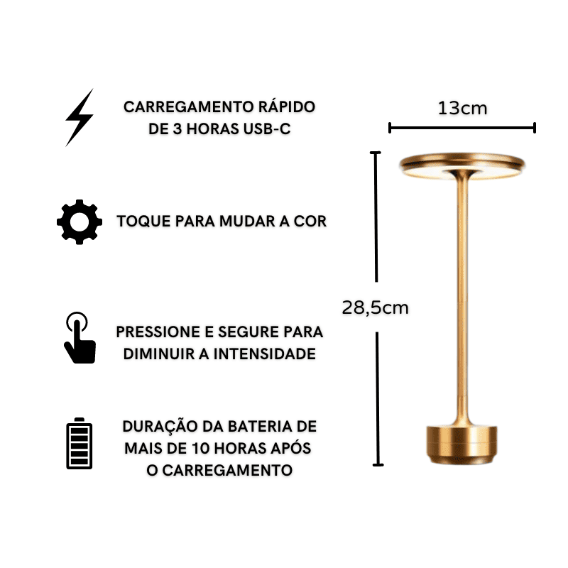 Luminária de Mesa LED Sem Fio Metal Recarregável Casa & Coza