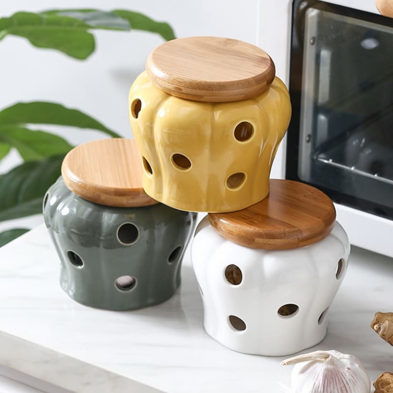 Pote de Cerâmica com Tampa de Madeira Decorativo Casa & Coza