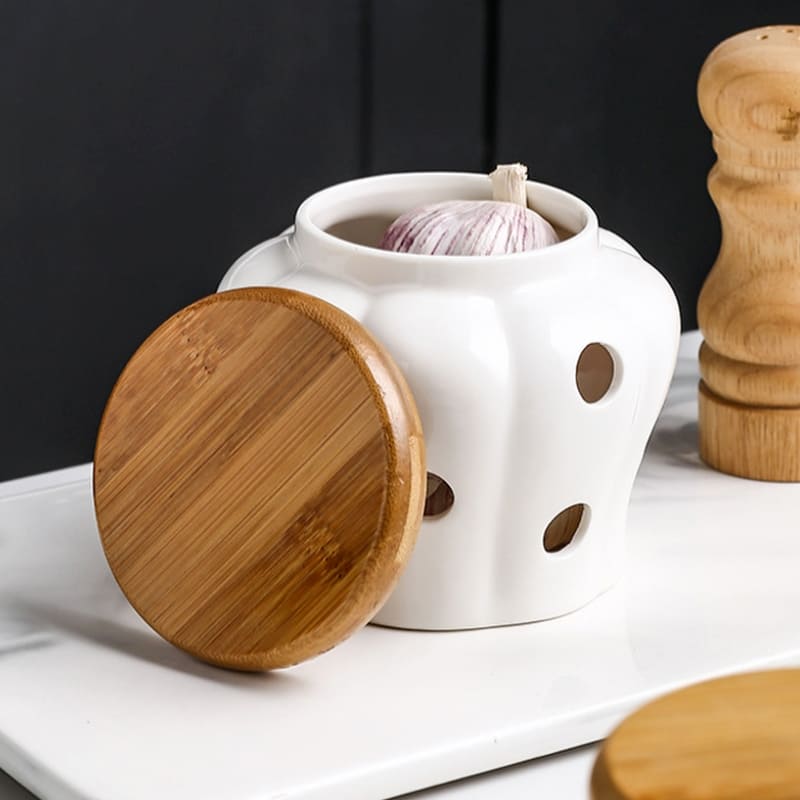 Pote de Cerâmica com Tampa de Madeira Decorativo Casa & Coza