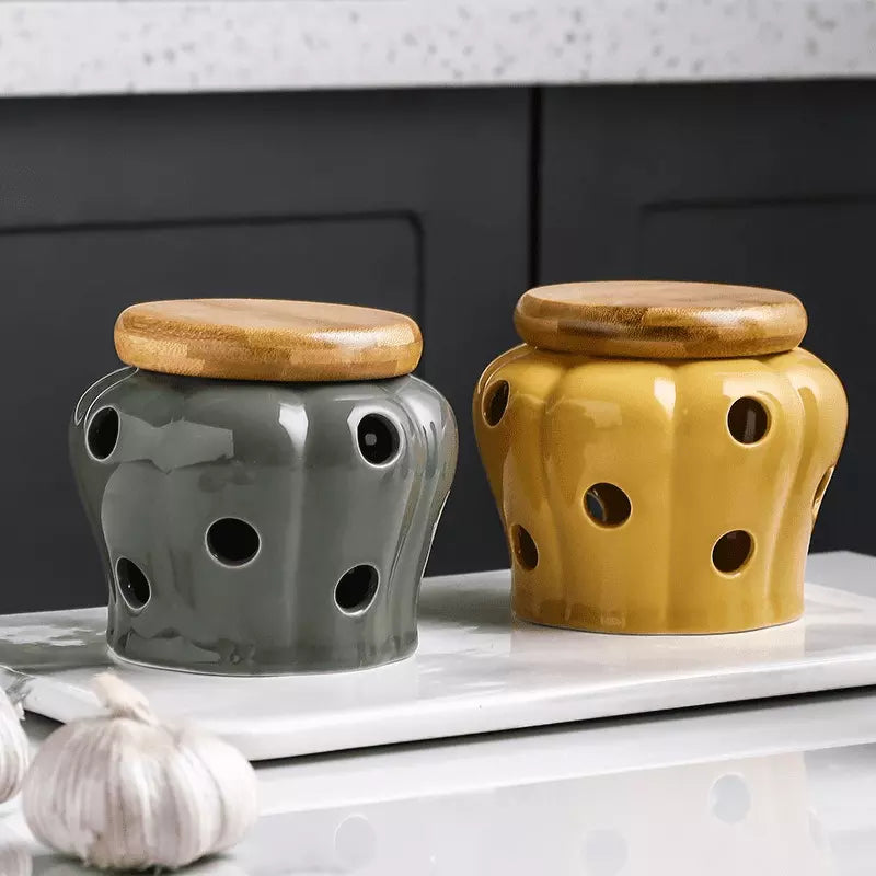 Pote de Cerâmica com Tampa de Madeira Decorativo Casa & Coza
