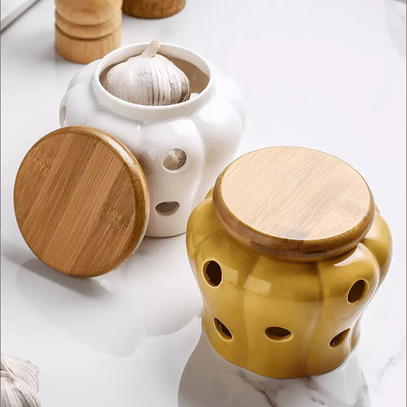 Pote de Cerâmica com Tampa de Madeira Decorativo Casa & Coza