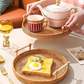 Bandeja Decorativa Redonda de Vime em Rattan Feita a Mão Casa & Coza