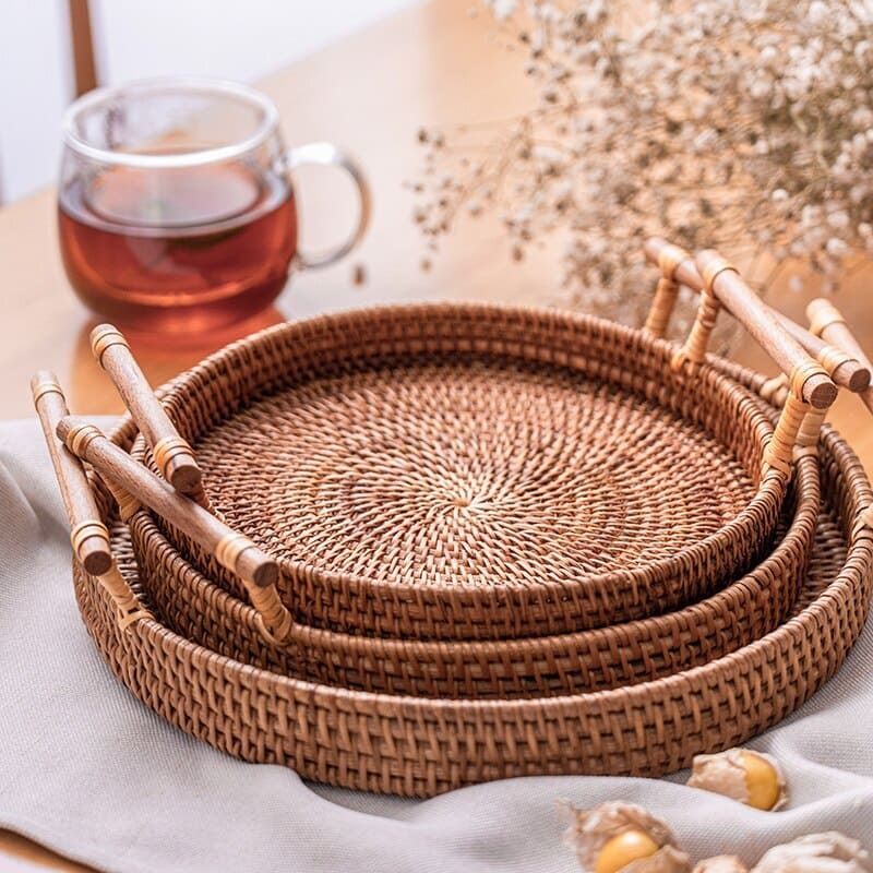 Bandeja Decorativa Redonda de Vime em Rattan Feita a Mão Casa & Coza
