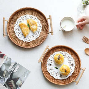 Bandeja Decorativa Redonda de Vime em Rattan Feita a Mão Casa & Coza