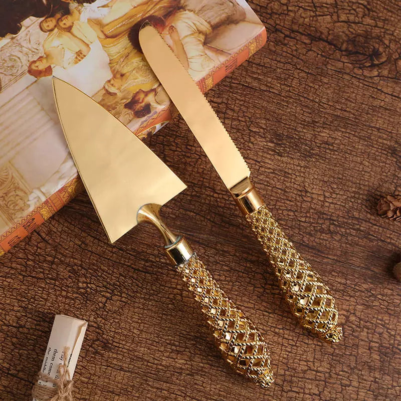 Conjunto Espátula para Bolo e Faca Dourada Casa & Coza