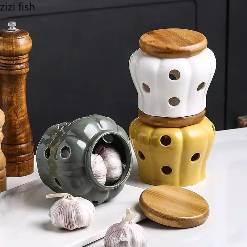 Pote de Cerâmica com Tampa de Madeira Decorativo Casa & Coza